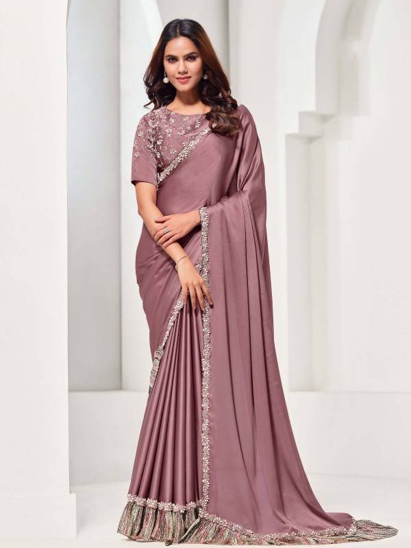 Dusty Pink Crepe Satin Silk Saree